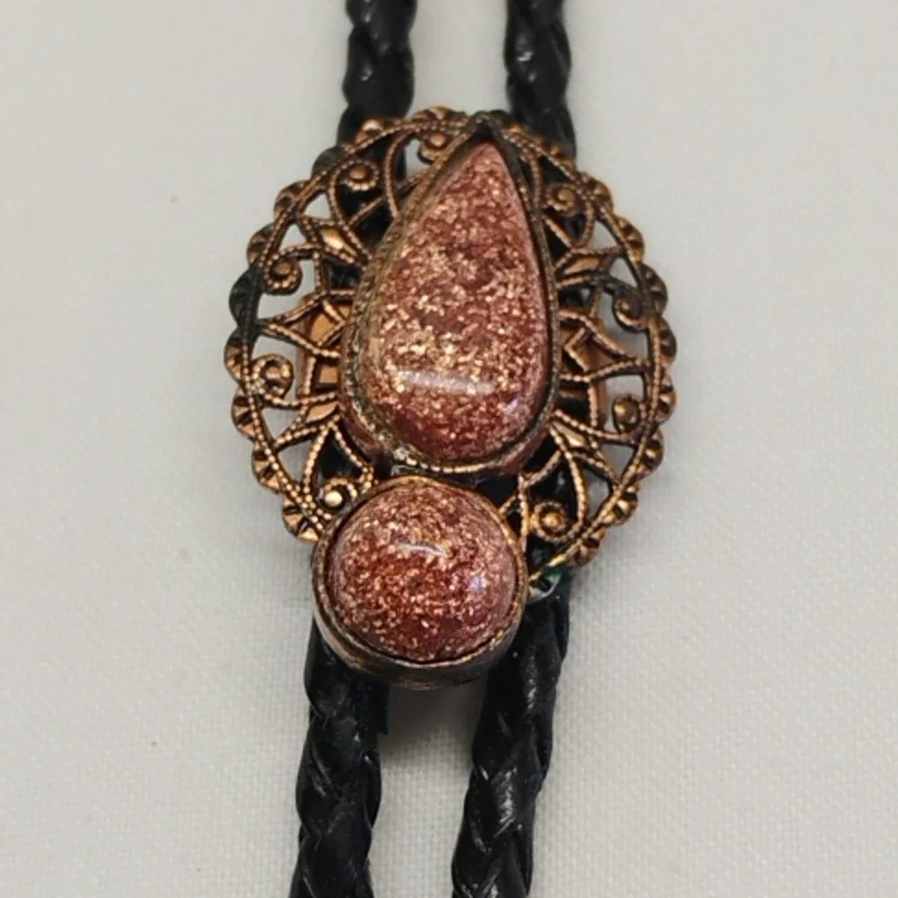 Mens Black Copper Tone Bug Bolo Tie Braided Leather Rope‎